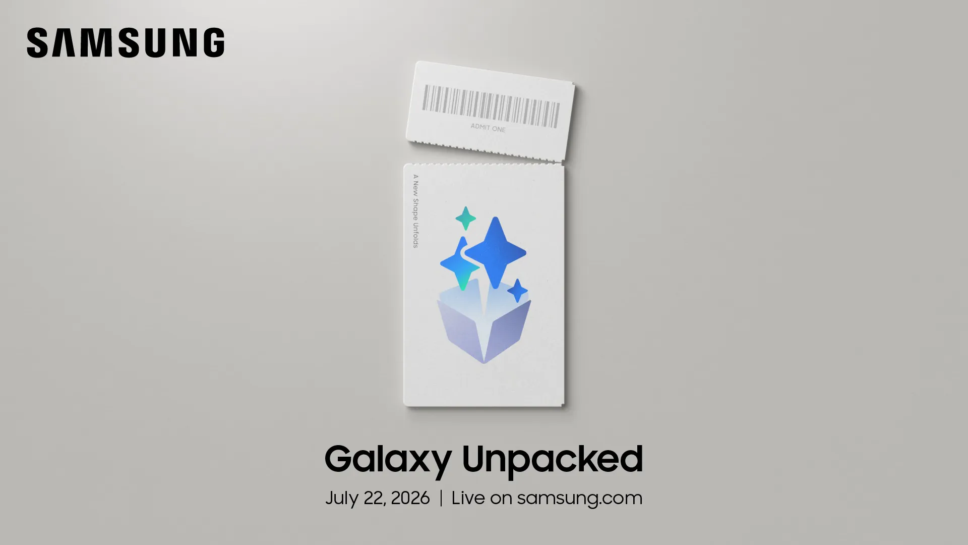 Teaser oficial do Samsung Galaxy Unpacked 2026 exibe silhuetas geométricas sugerindo mudanças de formato nos painéis dobráveis