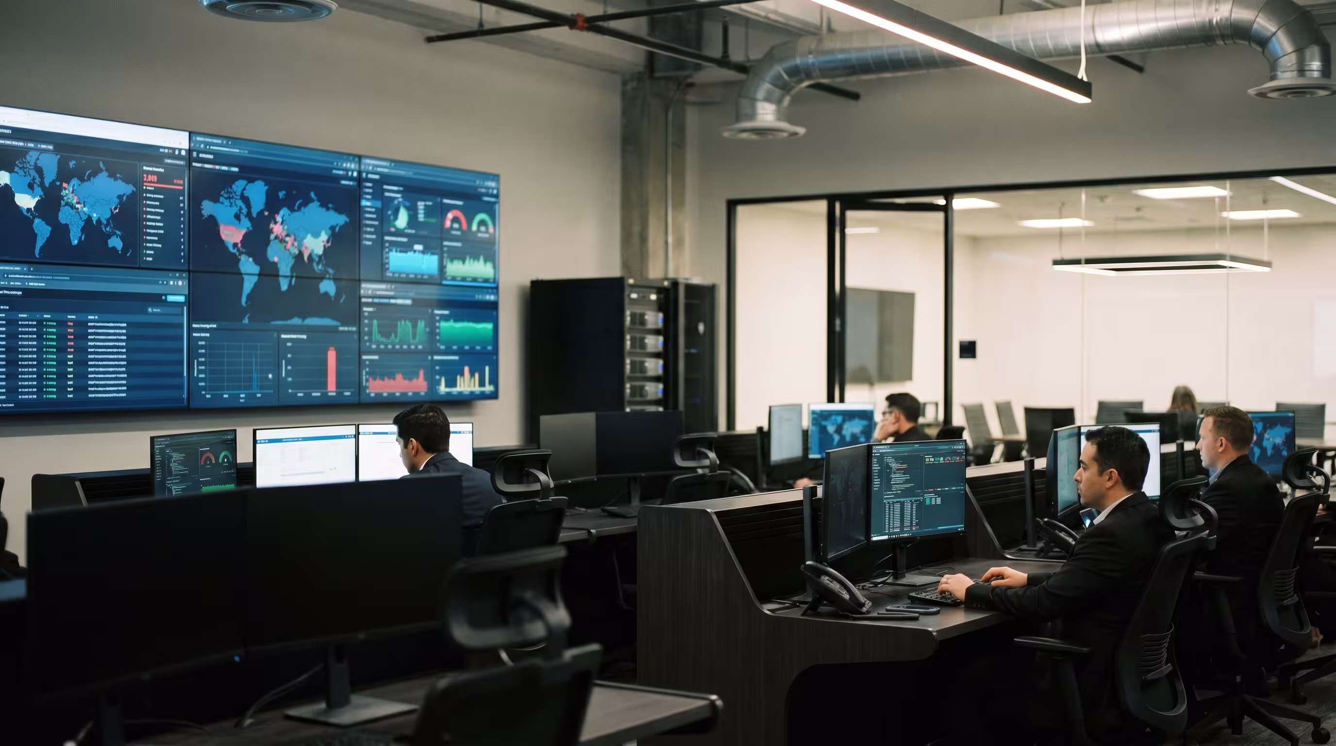 Prédio comercial da agência de segurança digital e infraestrutura de rede exibindo telas de monitoramento de dados globais
