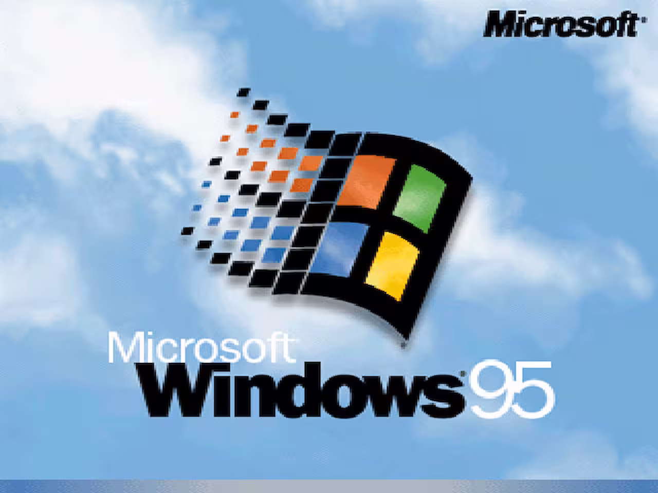 Tela clássica de carregamento do sistema operacional Windows 95 com seu logotipo azul e nuvens de fundo